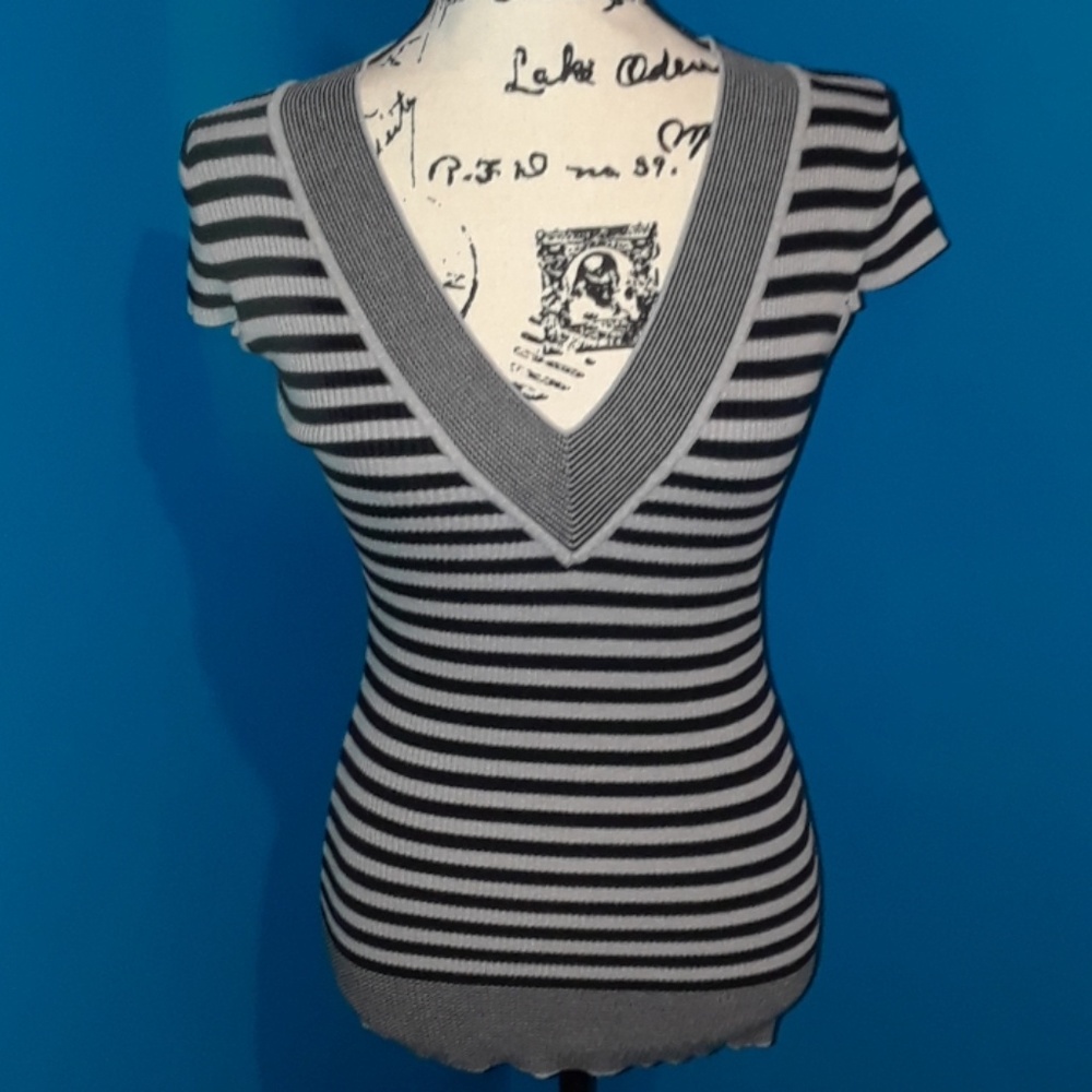 5/25.  Rue 21 Grey & Black striped ribbed sweater